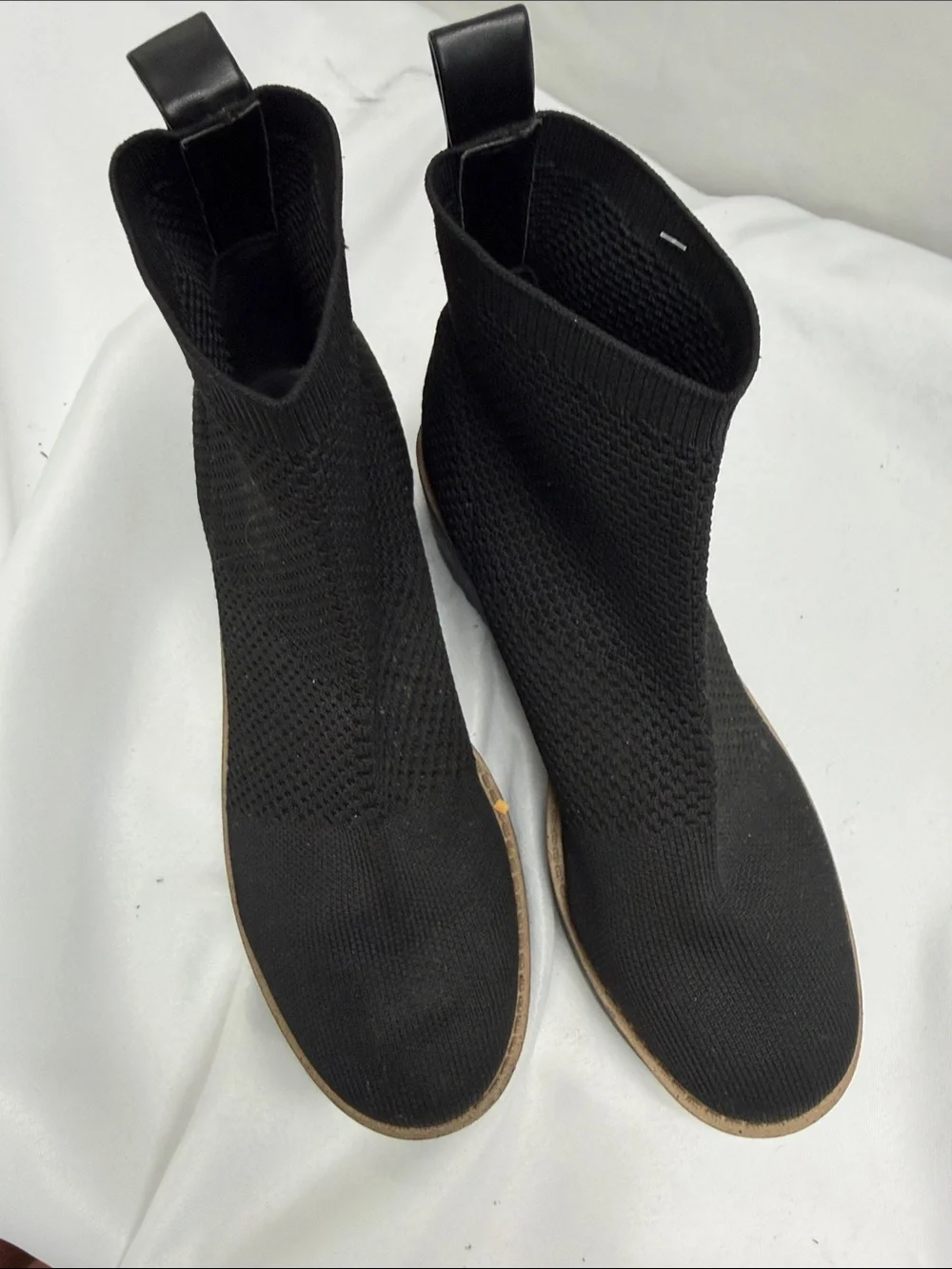 Bandolino Black Knit Wedge Chelsea Ankle Boots with Tan Trim